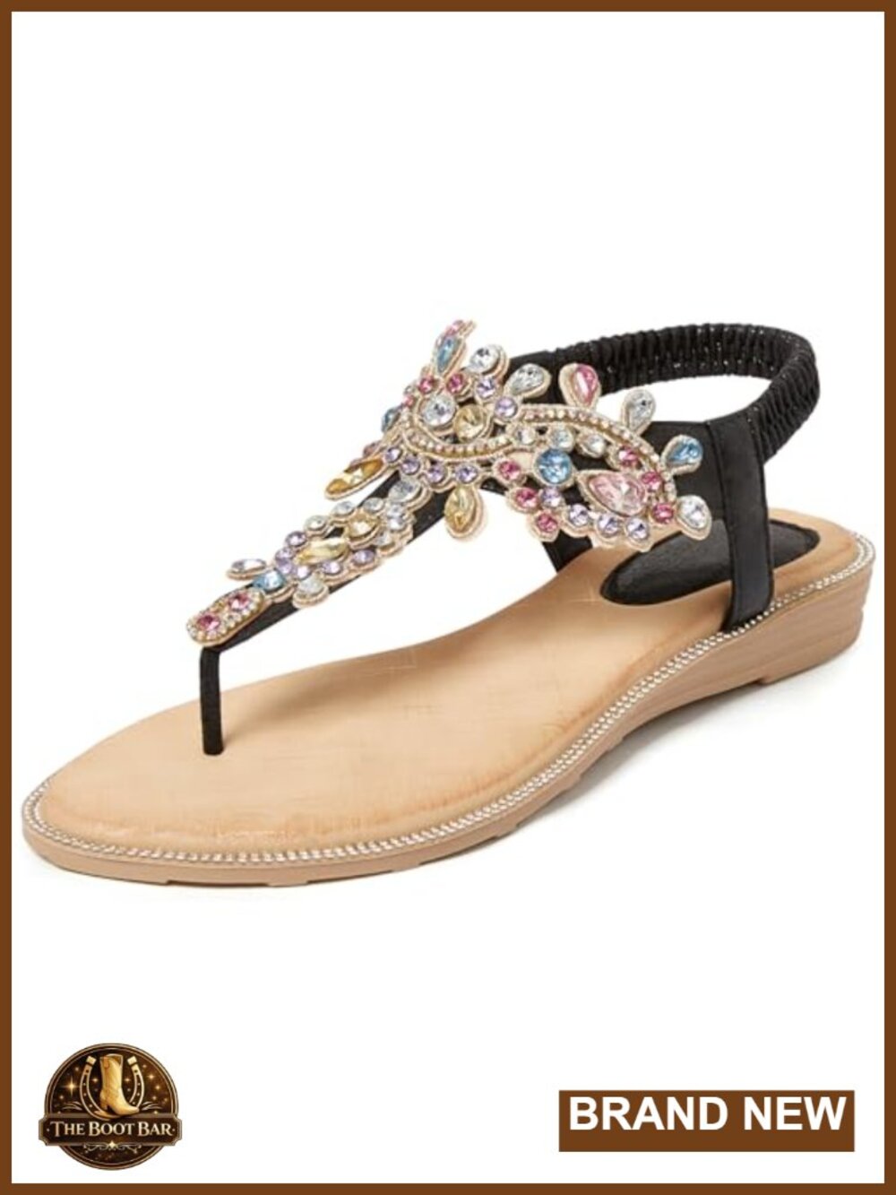 Women Flat Thong Sandals Rhinestone Sparkly Boho Elastic Ankle Strap